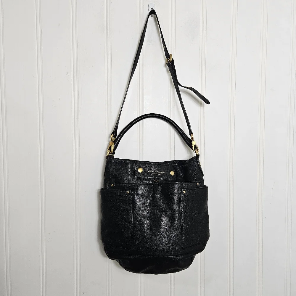Marc by Marc Jacobs Black Goat Leather Hobo Crossbody Bag Zip Slouchy
